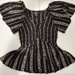 Angie Smocked Off-the-shoulder Peasant Top Black w/Tan Floral Small Peasant Boho